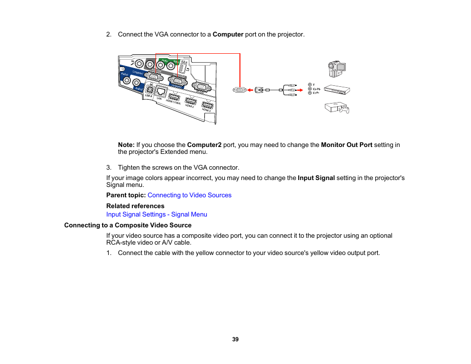 Connecting to a composite video source | Epson PowerLite 685W 3500-Lumen WXGA Ultra-Short Throw 3LCD Projector User Manual | Page 39 / 263