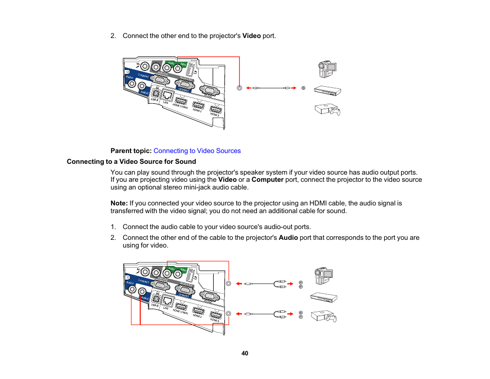 Connecting to a video source for sound | Epson PowerLite 685W 3500-Lumen WXGA Ultra-Short Throw 3LCD Projector User Manual | Page 40 / 263