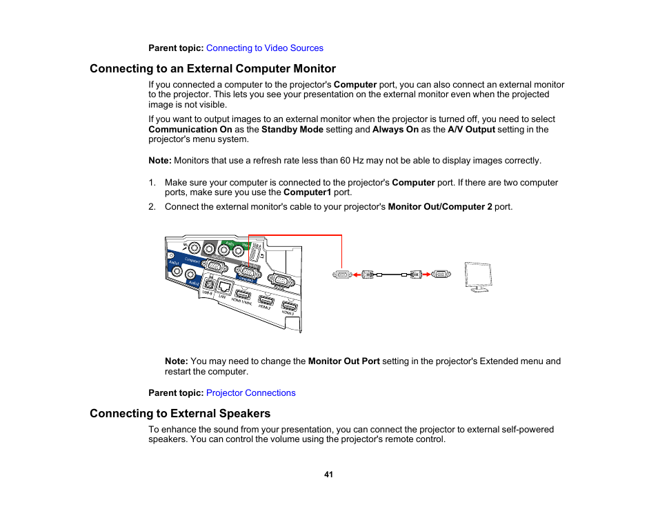 Connecting to an external computer monitor, Connecting to external speakers | Epson PowerLite 685W 3500-Lumen WXGA Ultra-Short Throw 3LCD Projector User Manual | Page 41 / 263