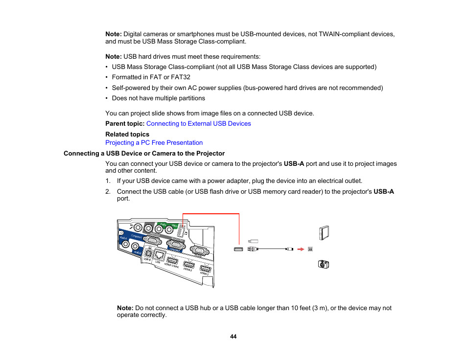 Connecting a usb device or camera to the projector | Epson PowerLite 685W 3500-Lumen WXGA Ultra-Short Throw 3LCD Projector User Manual | Page 44 / 263