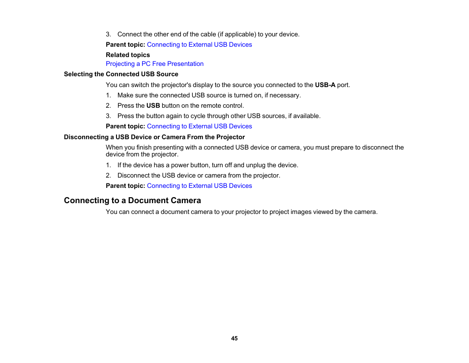 Selecting the connected usb source, Connecting to a document camera | Epson PowerLite 685W 3500-Lumen WXGA Ultra-Short Throw 3LCD Projector User Manual | Page 45 / 263