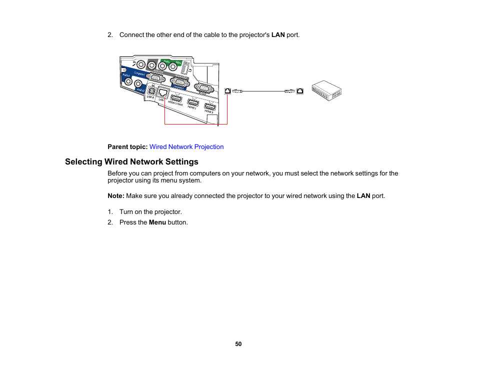 Selecting wired network settings | Epson PowerLite 685W 3500-Lumen WXGA Ultra-Short Throw 3LCD Projector User Manual | Page 50 / 263