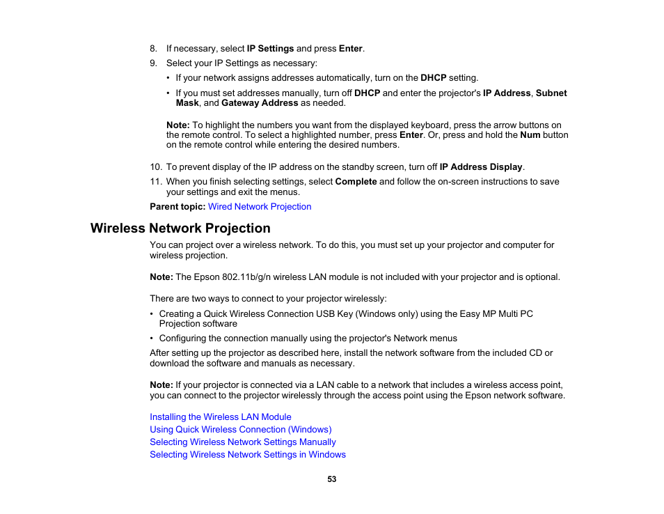 Wireless network projection | Epson PowerLite 685W 3500-Lumen WXGA Ultra-Short Throw 3LCD Projector User Manual | Page 53 / 263