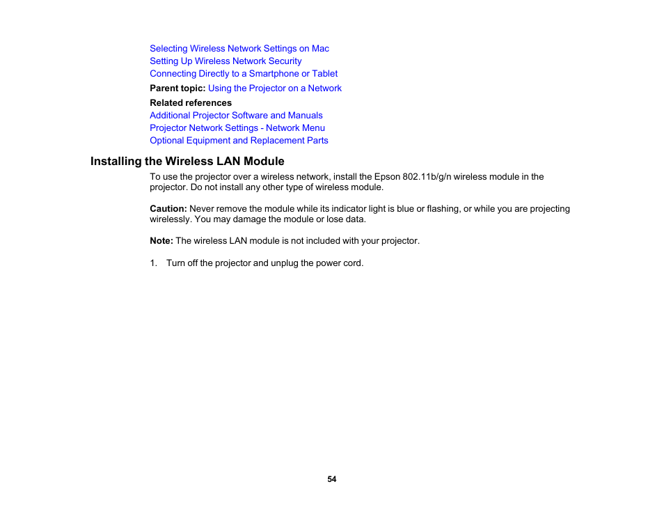 Installing the wireless lan module | Epson PowerLite 685W 3500-Lumen WXGA Ultra-Short Throw 3LCD Projector User Manual | Page 54 / 263