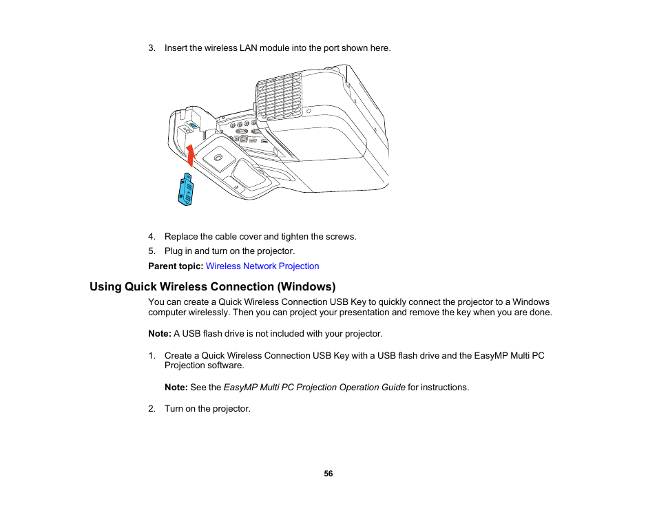 Using quick wireless connection (windows) | Epson PowerLite 685W 3500-Lumen WXGA Ultra-Short Throw 3LCD Projector User Manual | Page 56 / 263