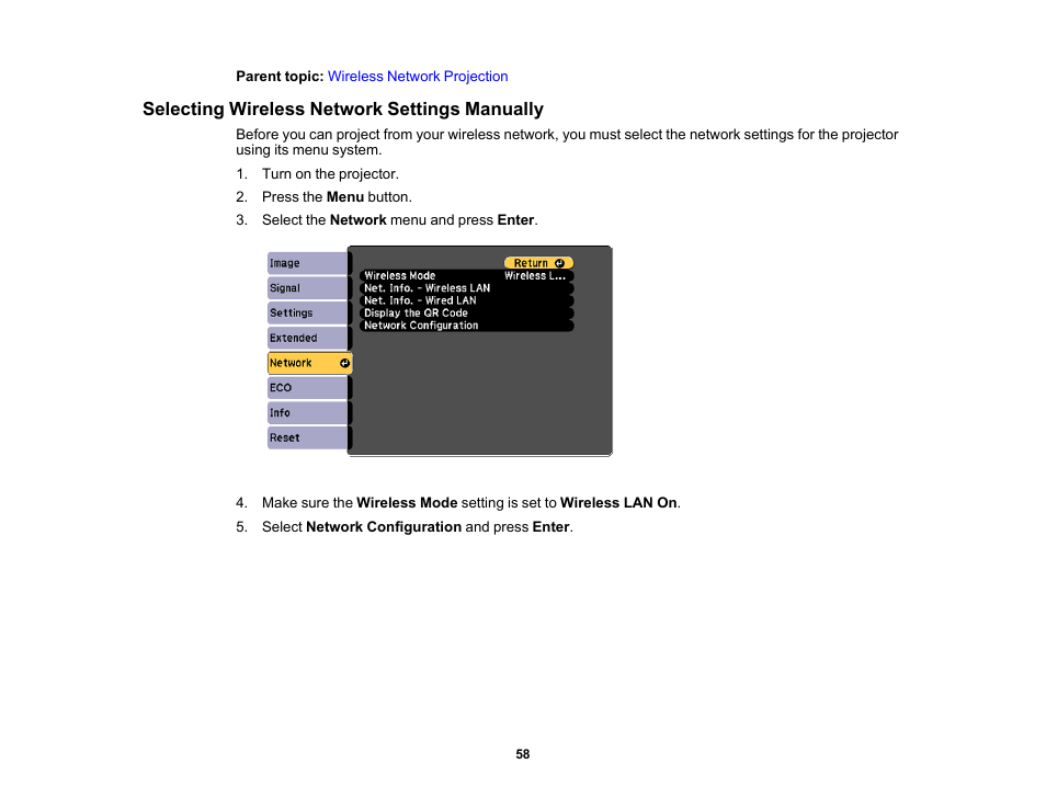 Selecting wireless network settings manually | Epson PowerLite 685W 3500-Lumen WXGA Ultra-Short Throw 3LCD Projector User Manual | Page 58 / 263