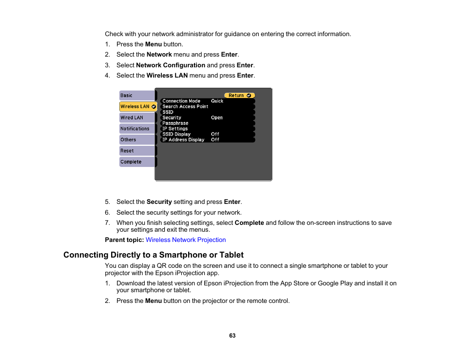 Connecting directly to a smartphone or tablet | Epson PowerLite 685W 3500-Lumen WXGA Ultra-Short Throw 3LCD Projector User Manual | Page 63 / 263