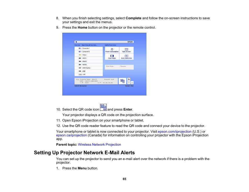 Setting up projector network e-mail alerts | Epson PowerLite 685W 3500-Lumen WXGA Ultra-Short Throw 3LCD Projector User Manual | Page 65 / 263