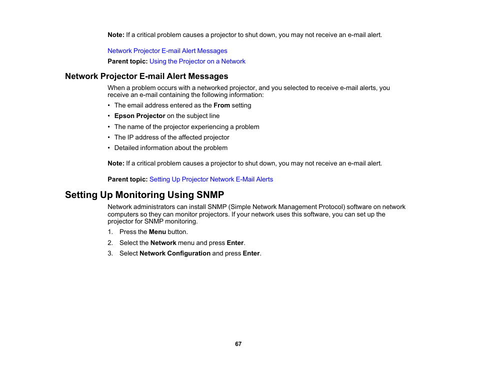 Network projector e-mail alert messages, Setting up monitoring using snmp | Epson PowerLite 685W 3500-Lumen WXGA Ultra-Short Throw 3LCD Projector User Manual | Page 67 / 263