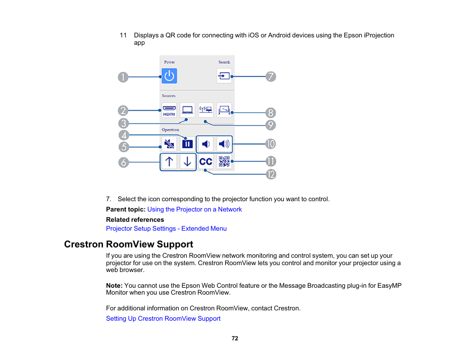 Crestron roomview support | Epson PowerLite 685W 3500-Lumen WXGA Ultra-Short Throw 3LCD Projector User Manual | Page 72 / 263