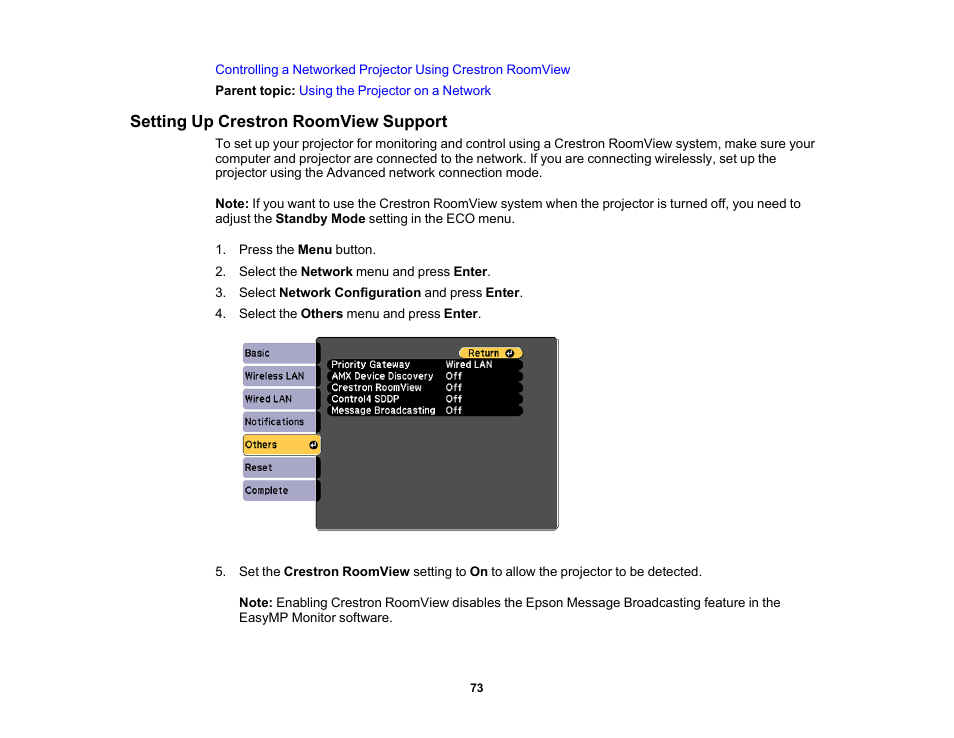 Setting up crestron roomview support | Epson PowerLite 685W 3500-Lumen WXGA Ultra-Short Throw 3LCD Projector User Manual | Page 73 / 263