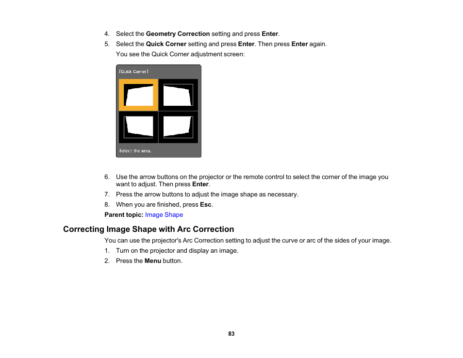 Correcting image shape with arc correction | Epson PowerLite 685W 3500-Lumen WXGA Ultra-Short Throw 3LCD Projector User Manual | Page 83 / 263