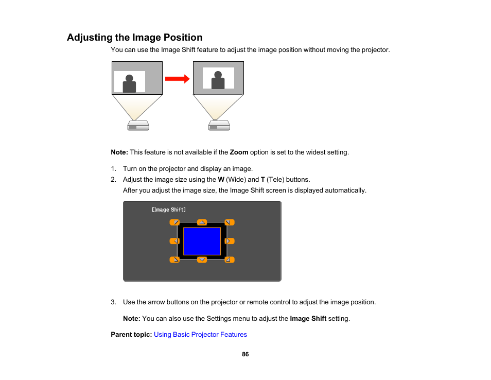 Adjusting the image position | Epson PowerLite 685W 3500-Lumen WXGA Ultra-Short Throw 3LCD Projector User Manual | Page 86 / 263