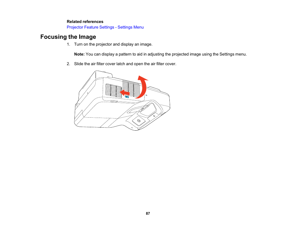 Focusing the image | Epson PowerLite 685W 3500-Lumen WXGA Ultra-Short Throw 3LCD Projector User Manual | Page 87 / 263