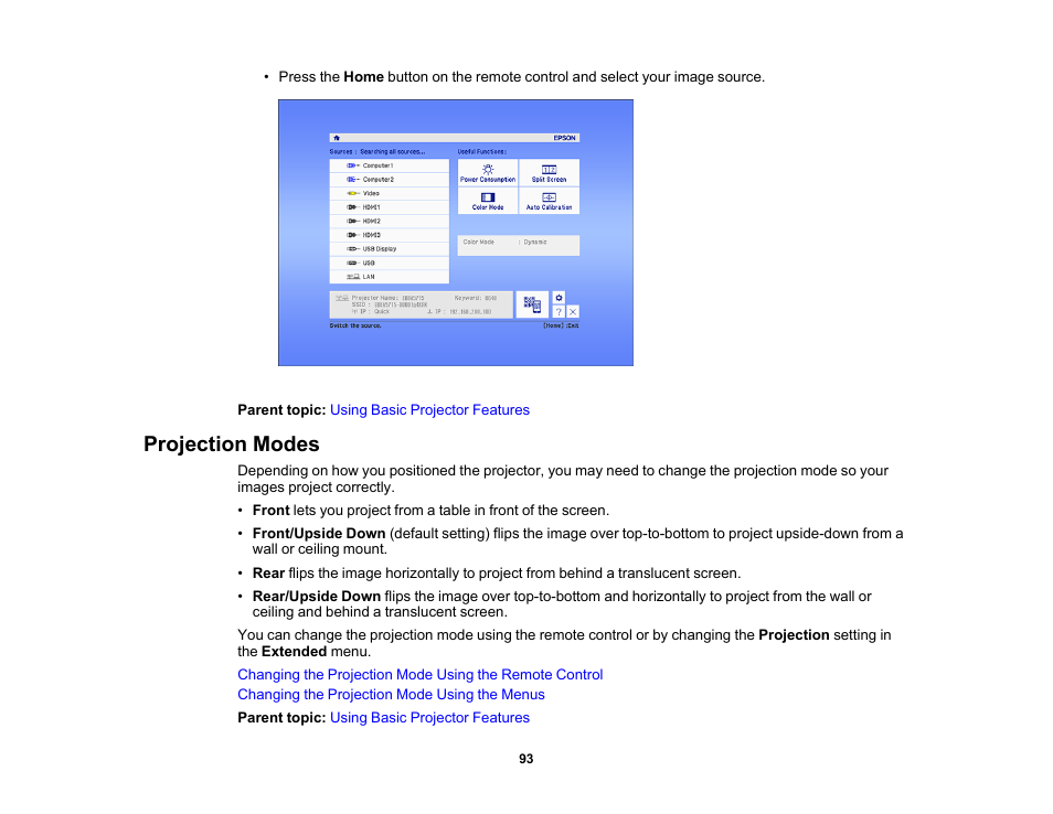 Projection modes | Epson PowerLite 685W 3500-Lumen WXGA Ultra-Short Throw 3LCD Projector User Manual | Page 93 / 263