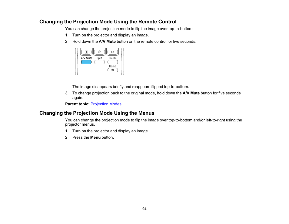 Changing the projection mode using the menus | Epson PowerLite 685W 3500-Lumen WXGA Ultra-Short Throw 3LCD Projector User Manual | Page 94 / 263