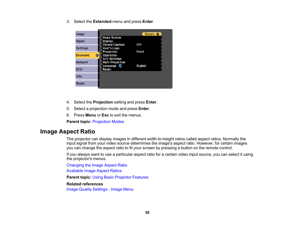 Image aspect ratio | Epson PowerLite 685W 3500-Lumen WXGA Ultra-Short Throw 3LCD Projector User Manual | Page 95 / 263