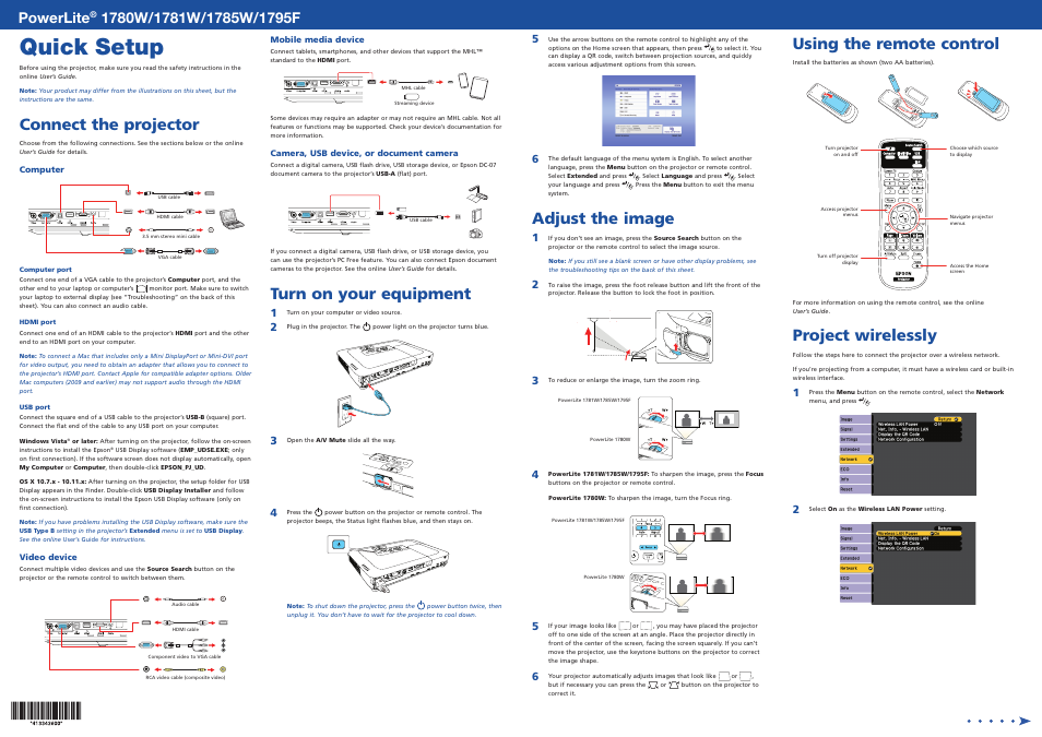 Adjust the image, Using the remote control, Project wirelessly | Quick setup, Connect the projector, Turn on your equipment, Powerlite | Epson PowerLite 1781W 3200-Lumen WXGA 3LCD Projector User Manual | Page 2 / 4