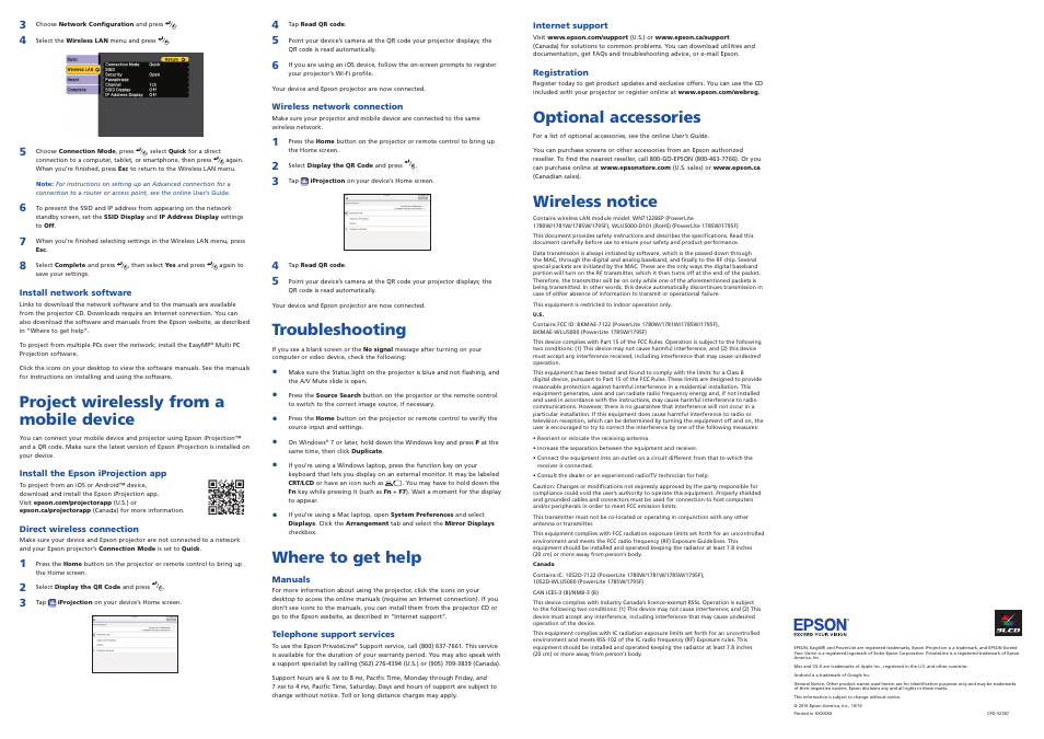 Project wirelessly from a mobile device, Troubleshooting, Where to get help | Optional accessories, Wireless notice | Epson PowerLite 1781W 3200-Lumen WXGA 3LCD Projector User Manual | Page 3 / 4