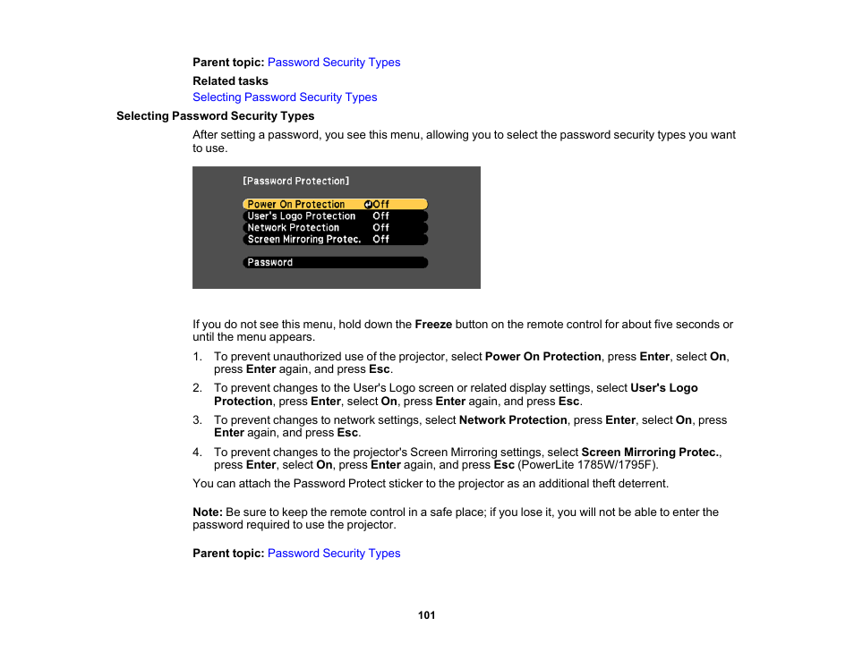 Selecting password security types | Epson PowerLite 1781W 3200-Lumen WXGA 3LCD Projector User Manual | Page 101 / 245