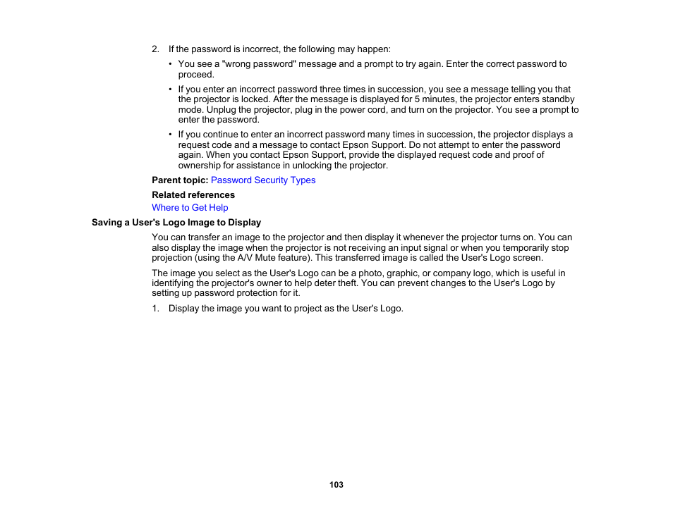 Saving a user's logo image to display | Epson PowerLite 1781W 3200-Lumen WXGA 3LCD Projector User Manual | Page 103 / 245