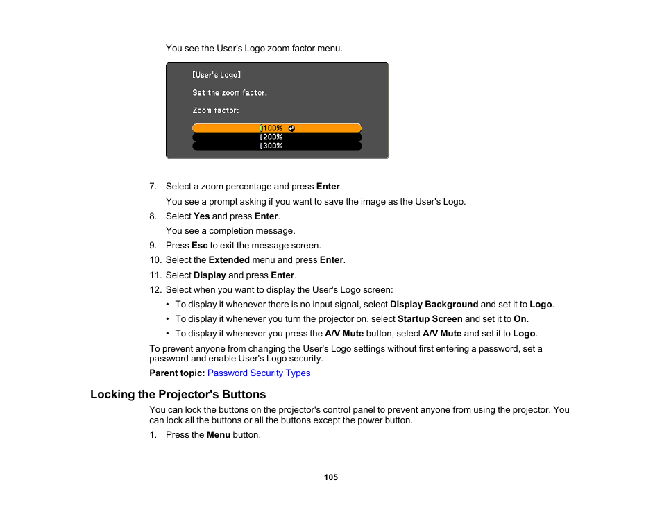 Locking the projector's buttons | Epson PowerLite 1781W 3200-Lumen WXGA 3LCD Projector User Manual | Page 105 / 245