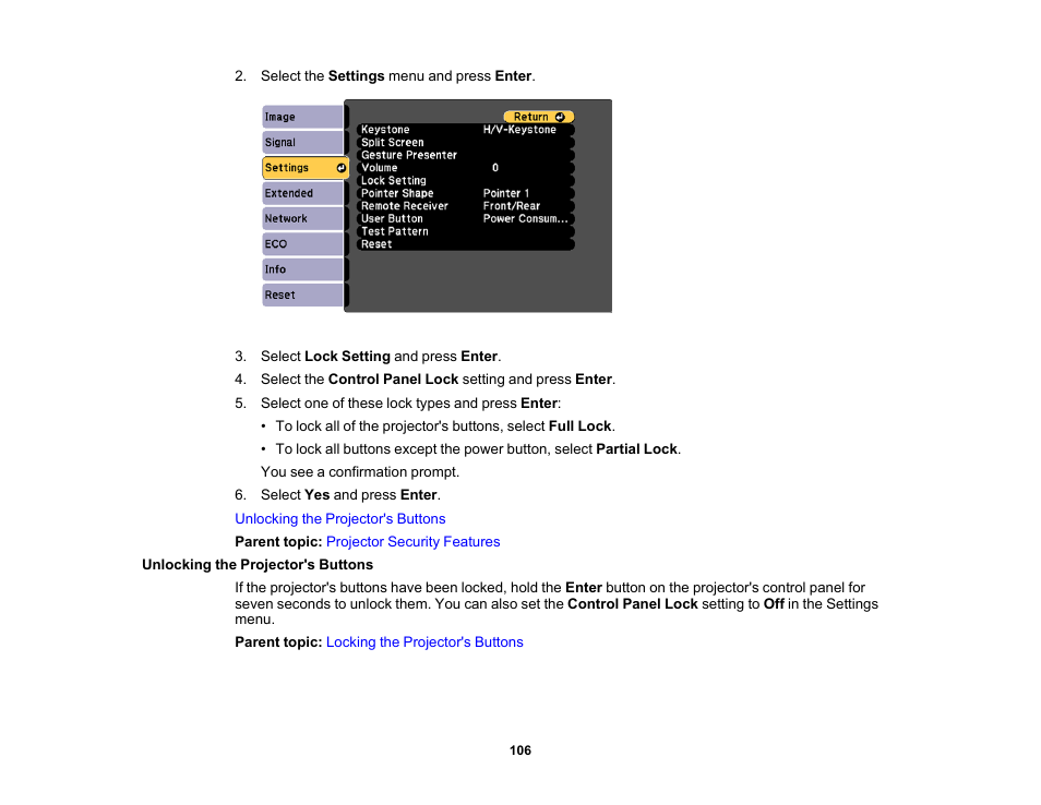 Unlocking the projector's buttons | Epson PowerLite 1781W 3200-Lumen WXGA 3LCD Projector User Manual | Page 106 / 245