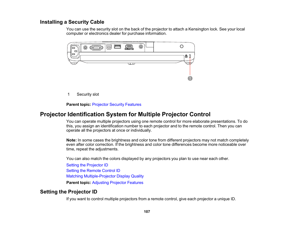 Installing a security cable, Setting the projector id | Epson PowerLite 1781W 3200-Lumen WXGA 3LCD Projector User Manual | Page 107 / 245