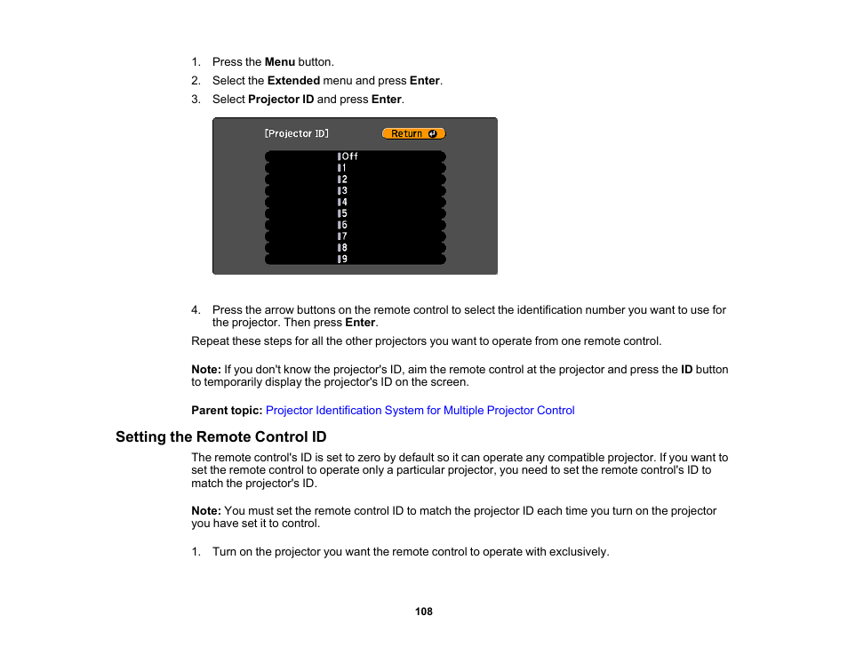 Setting the remote control id | Epson PowerLite 1781W 3200-Lumen WXGA 3LCD Projector User Manual | Page 108 / 245