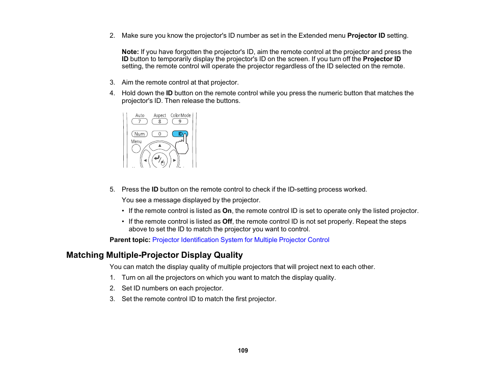 Matching multiple-projector display quality | Epson PowerLite 1781W 3200-Lumen WXGA 3LCD Projector User Manual | Page 109 / 245