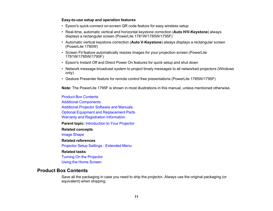 Product box contents | Epson PowerLite 1781W 3200-Lumen WXGA 3LCD Projector User Manual | Page 11 / 245