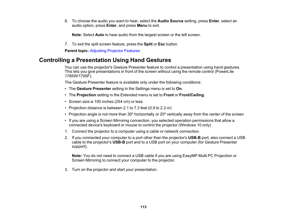 Controlling a presentation using hand gestures | Epson PowerLite 1781W 3200-Lumen WXGA 3LCD Projector User Manual | Page 113 / 245