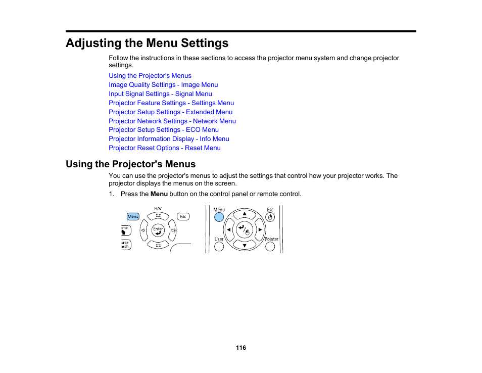 Adjusting the menu settings, Using the projector's menus | Epson PowerLite 1781W 3200-Lumen WXGA 3LCD Projector User Manual | Page 116 / 245