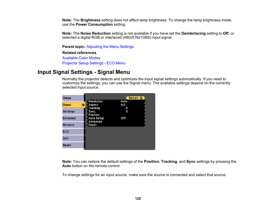 Input signal settings - signal menu | Epson PowerLite 1781W 3200-Lumen WXGA 3LCD Projector User Manual | Page 120 / 245