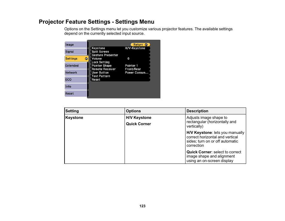 Projector feature settings - settings menu | Epson PowerLite 1781W 3200-Lumen WXGA 3LCD Projector User Manual | Page 123 / 245