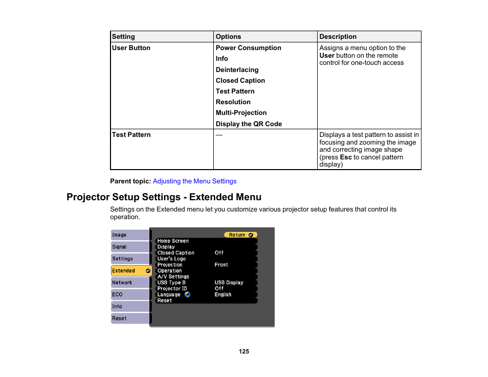 Projector setup settings - extended menu | Epson PowerLite 1781W 3200-Lumen WXGA 3LCD Projector User Manual | Page 125 / 245