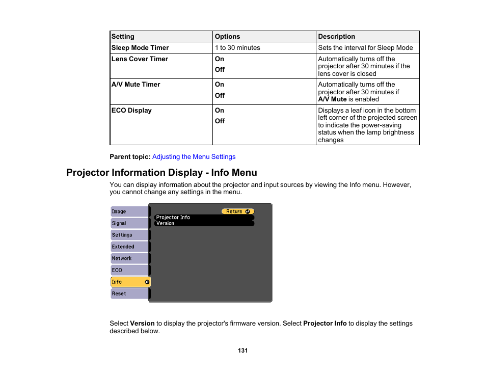 Projector information display - info menu | Epson PowerLite 1781W 3200-Lumen WXGA 3LCD Projector User Manual | Page 131 / 245