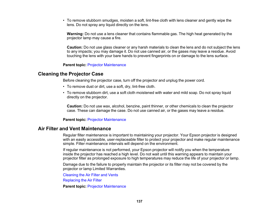 Cleaning the projector case, Air filter and vent maintenance | Epson PowerLite 1781W 3200-Lumen WXGA 3LCD Projector User Manual | Page 137 / 245