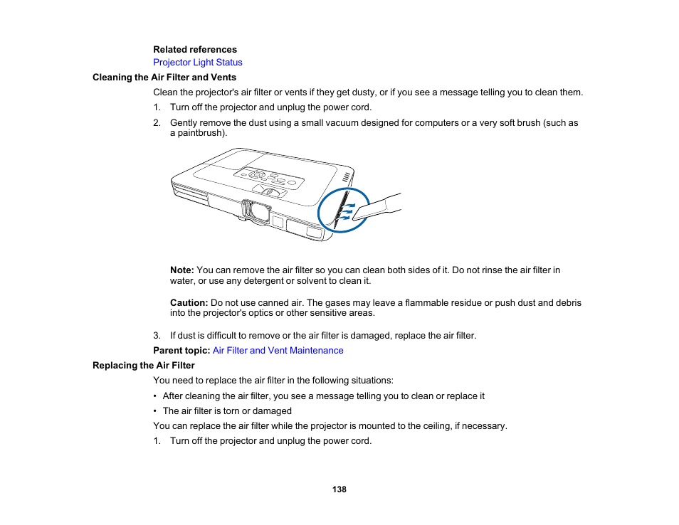 Cleaning the air filter and vents, Replacing the air filter | Epson PowerLite 1781W 3200-Lumen WXGA 3LCD Projector User Manual | Page 138 / 245