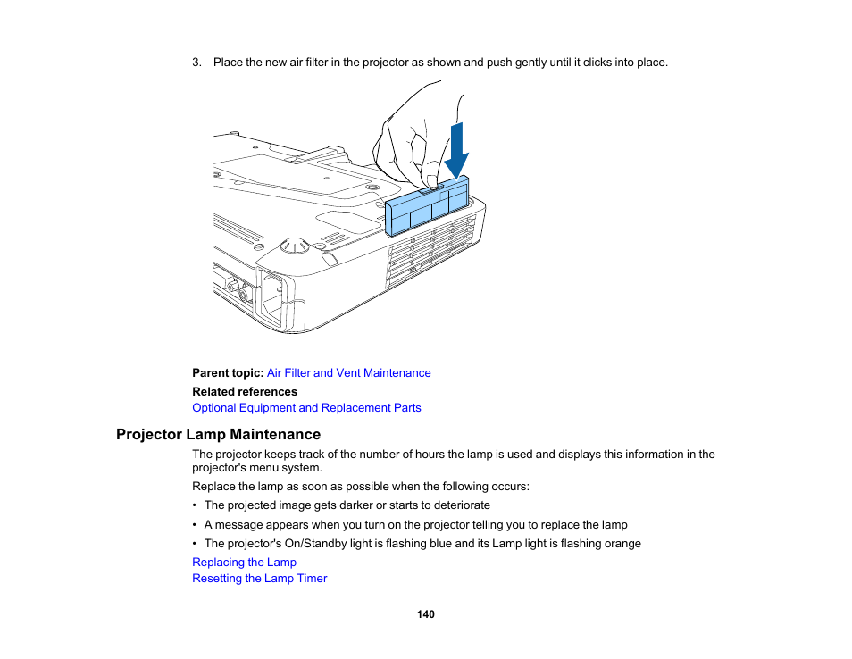 Projector lamp maintenance | Epson PowerLite 1781W 3200-Lumen WXGA 3LCD Projector User Manual | Page 140 / 245