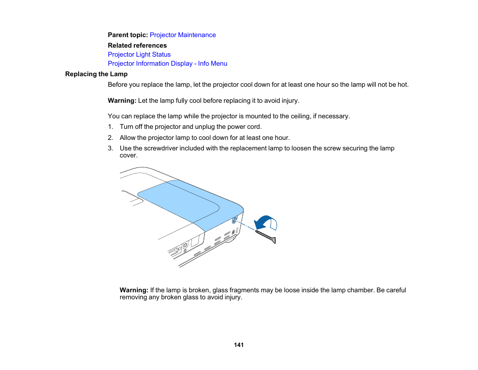 Replacing the lamp | Epson PowerLite 1781W 3200-Lumen WXGA 3LCD Projector User Manual | Page 141 / 245