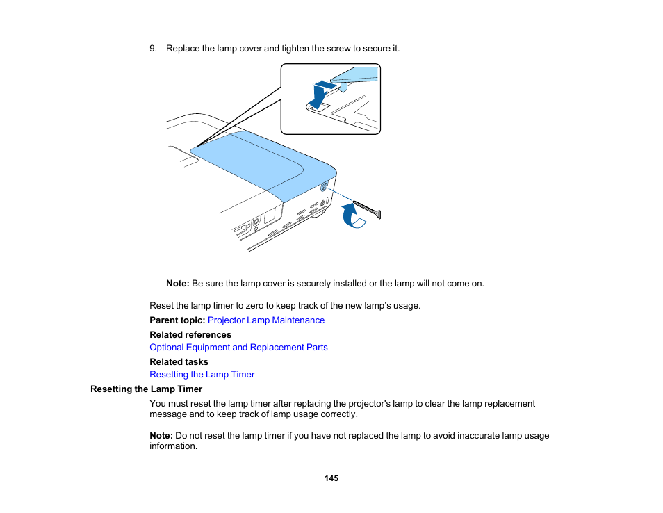 Resetting the lamp timer | Epson PowerLite 1781W 3200-Lumen WXGA 3LCD Projector User Manual | Page 145 / 245