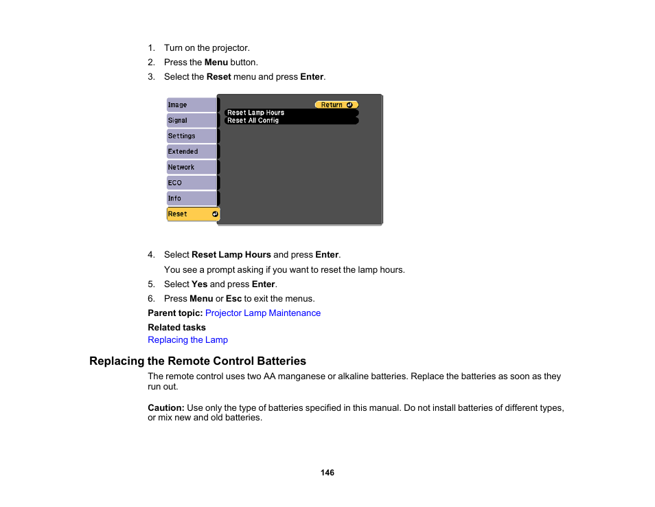 Replacing the remote control batteries | Epson PowerLite 1781W 3200-Lumen WXGA 3LCD Projector User Manual | Page 146 / 245