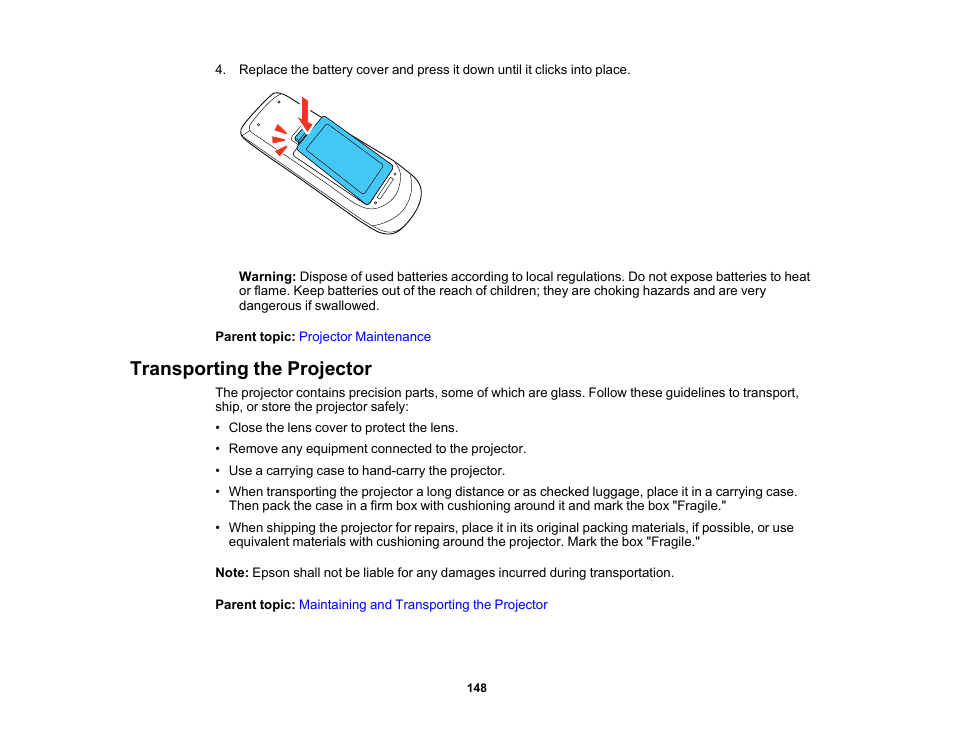 Transporting the projector | Epson PowerLite 1781W 3200-Lumen WXGA 3LCD Projector User Manual | Page 148 / 245