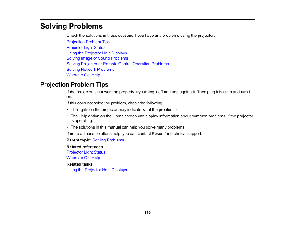 Solving problems, Projection problem tips | Epson PowerLite 1781W 3200-Lumen WXGA 3LCD Projector User Manual | Page 149 / 245