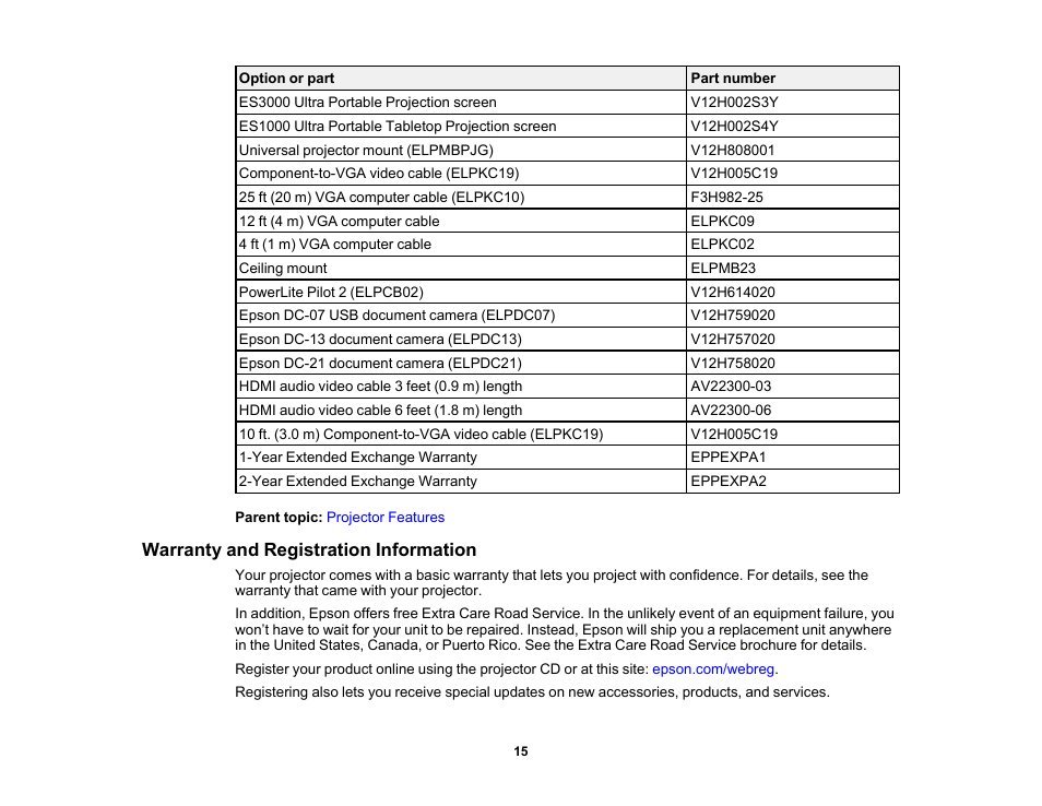 Warranty and registration information | Epson PowerLite 1781W 3200-Lumen WXGA 3LCD Projector User Manual | Page 15 / 245