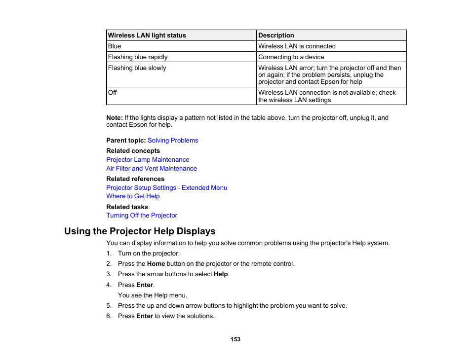 Using the projector help displays | Epson PowerLite 1781W 3200-Lumen WXGA 3LCD Projector User Manual | Page 153 / 245