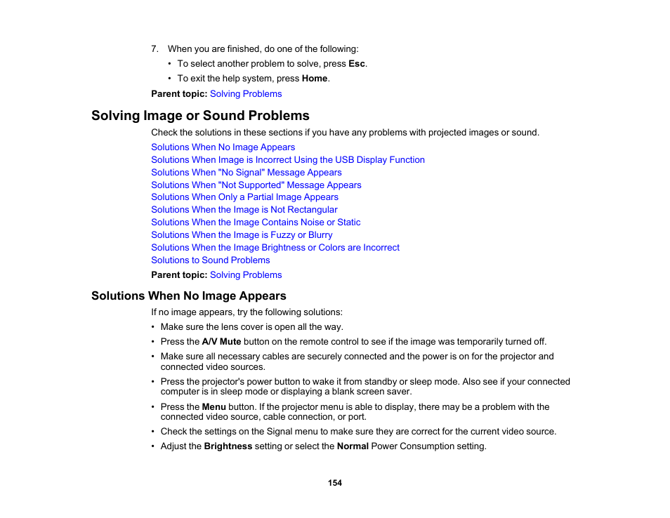 Solving image or sound problems, Solutions when no image appears | Epson PowerLite 1781W 3200-Lumen WXGA 3LCD Projector User Manual | Page 154 / 245