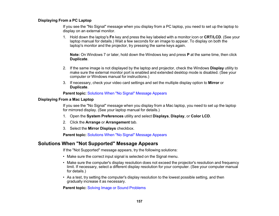 Displaying from a pc laptop, Displaying from a mac laptop, Solutions when "not supported" message appears | Epson PowerLite 1781W 3200-Lumen WXGA 3LCD Projector User Manual | Page 157 / 245