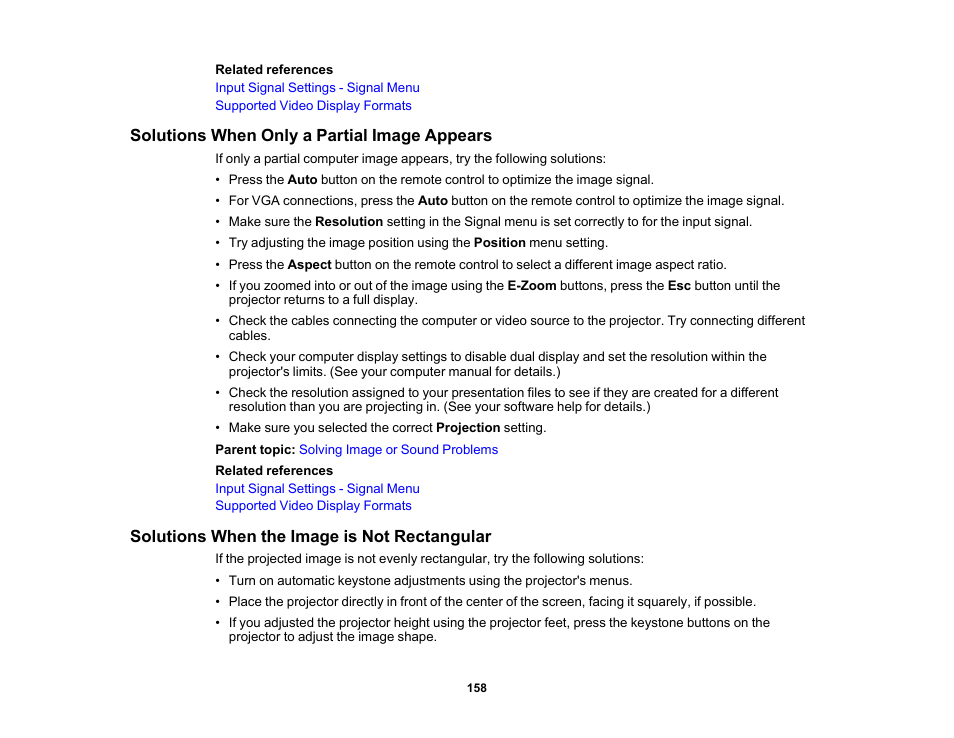 Solutions when only a partial image appears, Solutions when the image is not rectangular | Epson PowerLite 1781W 3200-Lumen WXGA 3LCD Projector User Manual | Page 158 / 245